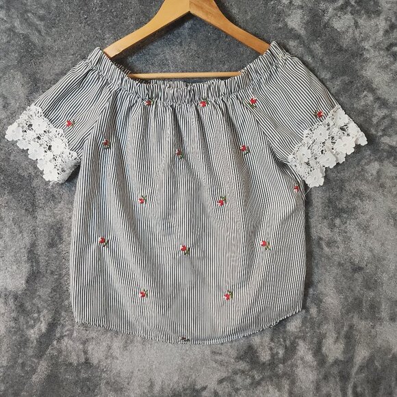 KONTROL Medium Off Shoulder Floral Embroidery STRIPE TOP Elastic Neck 3/4 Sleeve - Picture 1 of 8